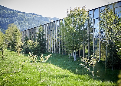 Außenansicht Grüne Erde Welt in Grünau im Almtal: eine gläserne Fasade integriert sich in die Landschaft. © Grüne Erde GmbH